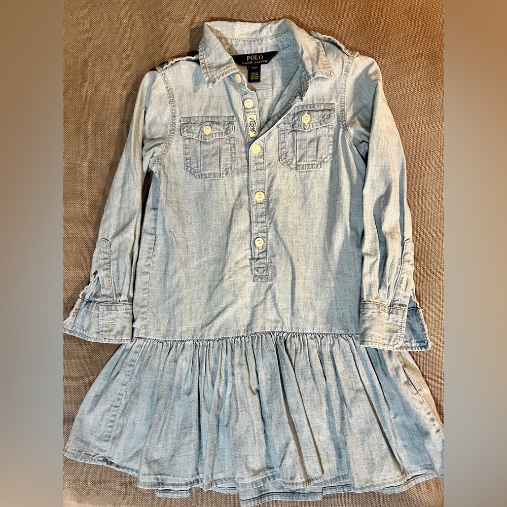 Kids Denim Polo Button Down Dress w/Flared Bottom Sz 4